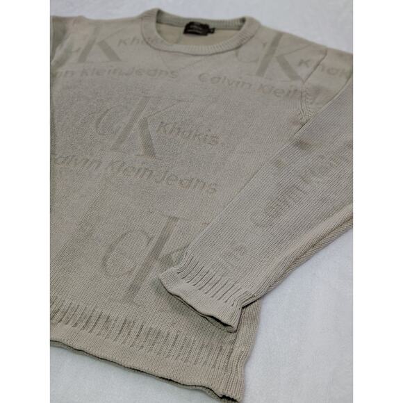 Cotton Crewneck Sweater Medium by Calvin Klein Jeans Khakis Embossed 90s/Y2K VTG - Picture 4 of 9